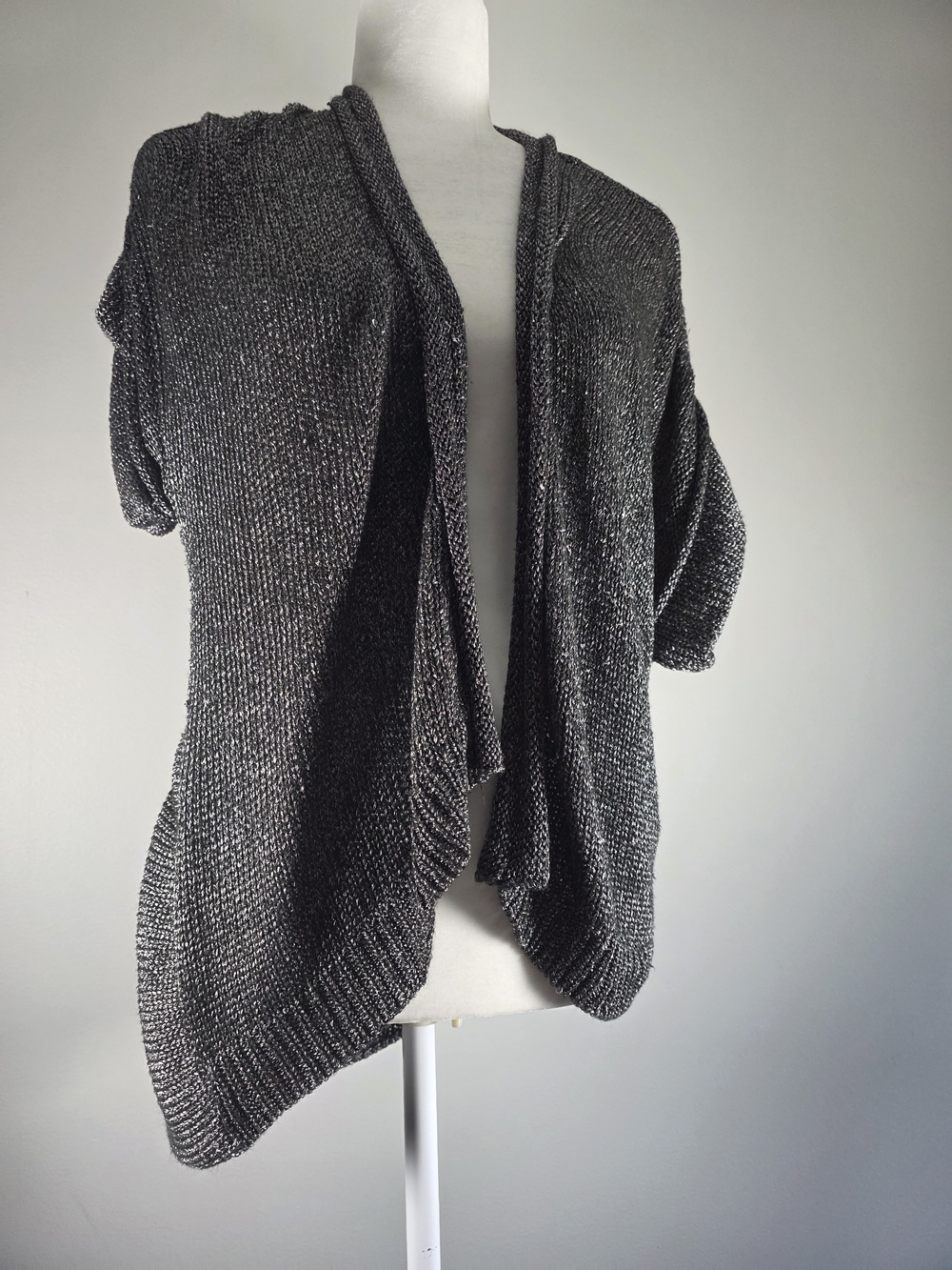 Worthington Women’s Medium Metallic Black Silver Open Front Draped Cardigan